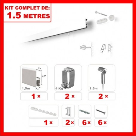 Cimaises - Kit complet de 1,5m de cimaise à fil Cliprail - BLANC