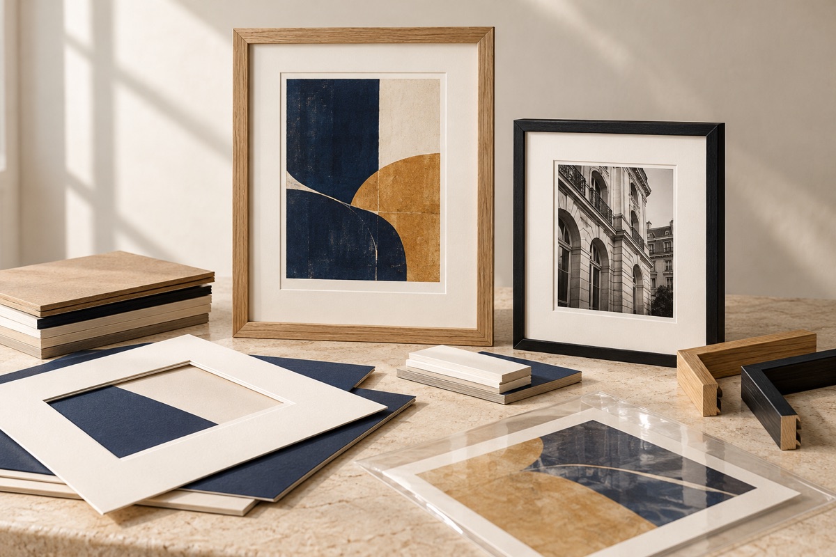 Composition illustrative de cadres, passe-partout, cartons de montage et pochette transparente